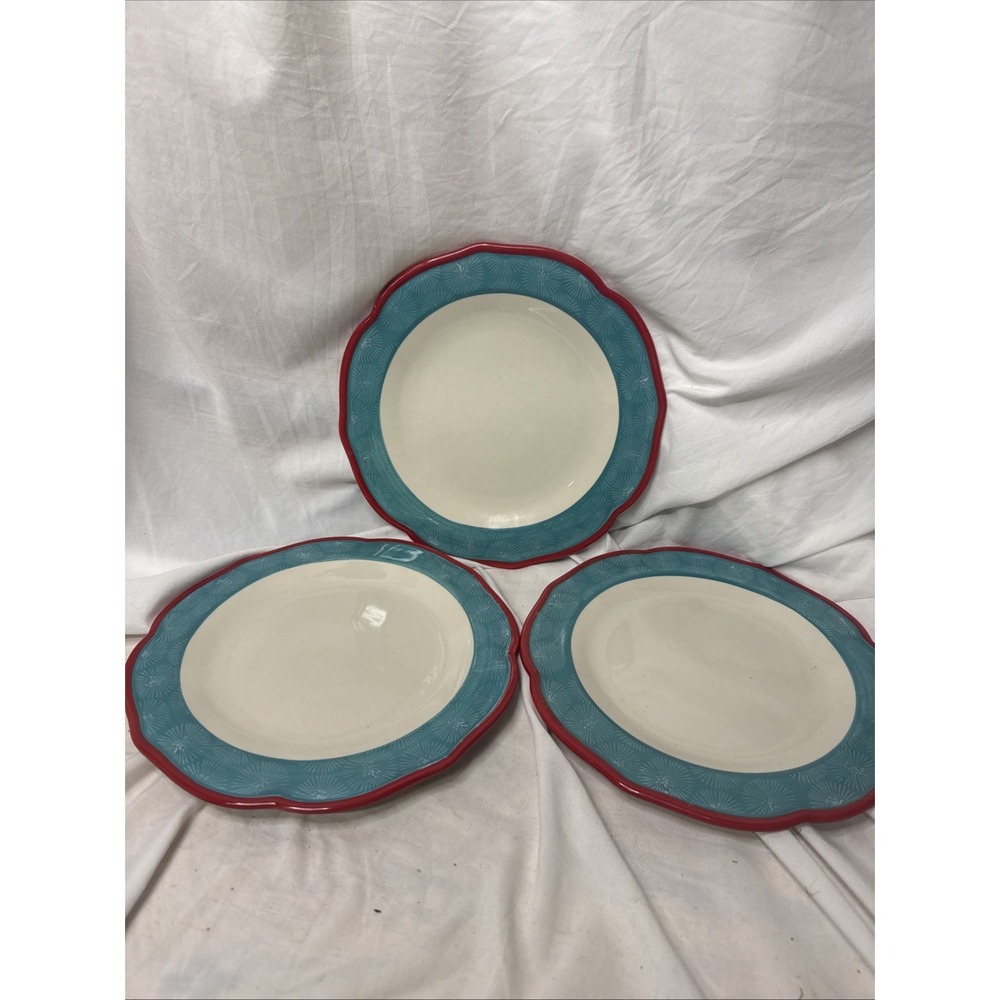Pioneer Woman Happiness Dinner Plates 10.5" Set of 3 Red Scalloped Rim Farmhouse